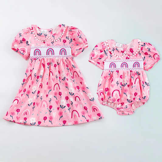 5.21custom each style moq 5eta 4-5week Sibling Sister rainbow flowers print pink girls and baby romper match family design