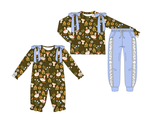 25.8.6 custom each style moq 5eta 4-6week Sibling Sister geese baby girl long sleeve pants sets and rompers match family design