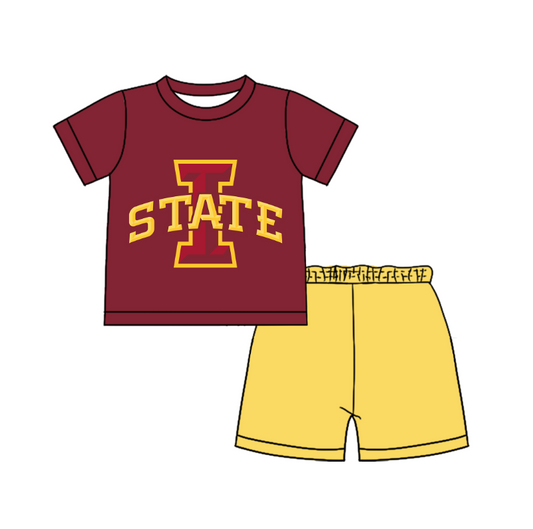 Custom moq 5 mix size milk silk summer teams Baby Boy's Red  Short-Sleeved O-Neck Top And solid color Shorts Set