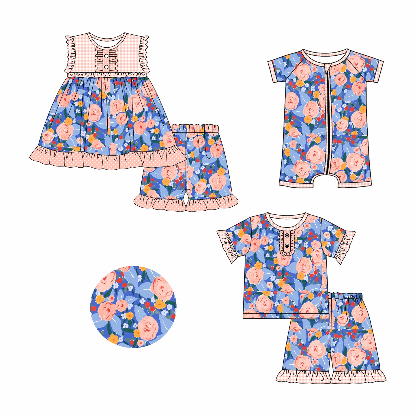 2.26 custom each style moq 5eta 4-6week Sibling Sister floral baby girl short sleeve shorts sets and sets 2 and boy romper match design