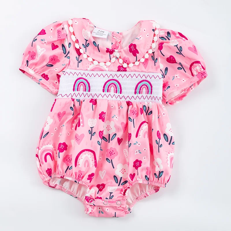 5.21custom each style moq 5eta 4-5week Sibling Sister rainbow flowers print pink girls and baby romper match family design