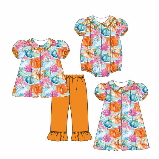 4.28 custom each style moq 5eta 4-6week Sibling Sisters floral pumpkin baby girl short sleeve pants sets and dress and romper match family design
