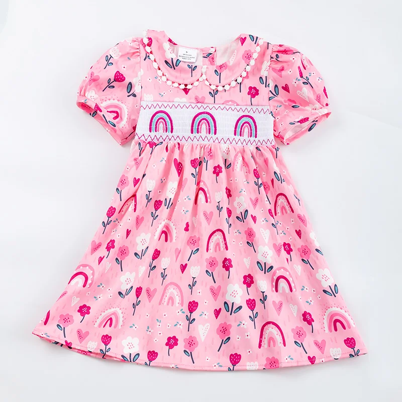 5.21custom each style moq 5eta 4-5week Sibling Sister rainbow flowers print pink girls and baby romper match family design