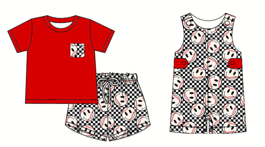 3.24 custom each style moq 5eta 4-6week Sibling Sister smiley baseball baby boy short sleeve shorts sets and romper match design