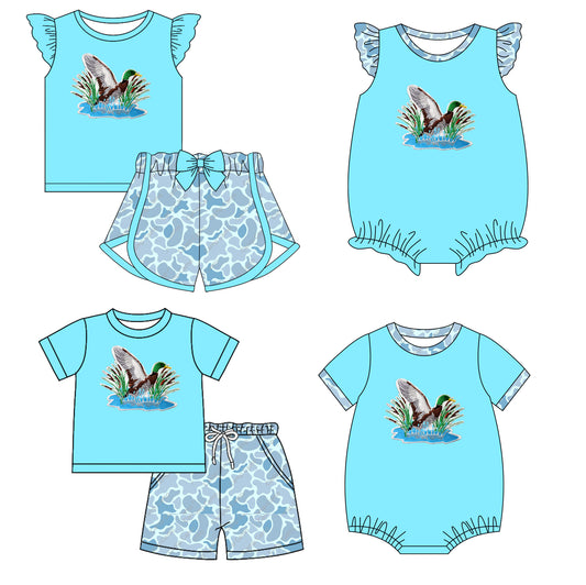 11.28 custom each style moq 5eta 4-6week Sibling Sister duck baby girl short sleeve shorts sets and sets 2 and girls romper and boy romper match design