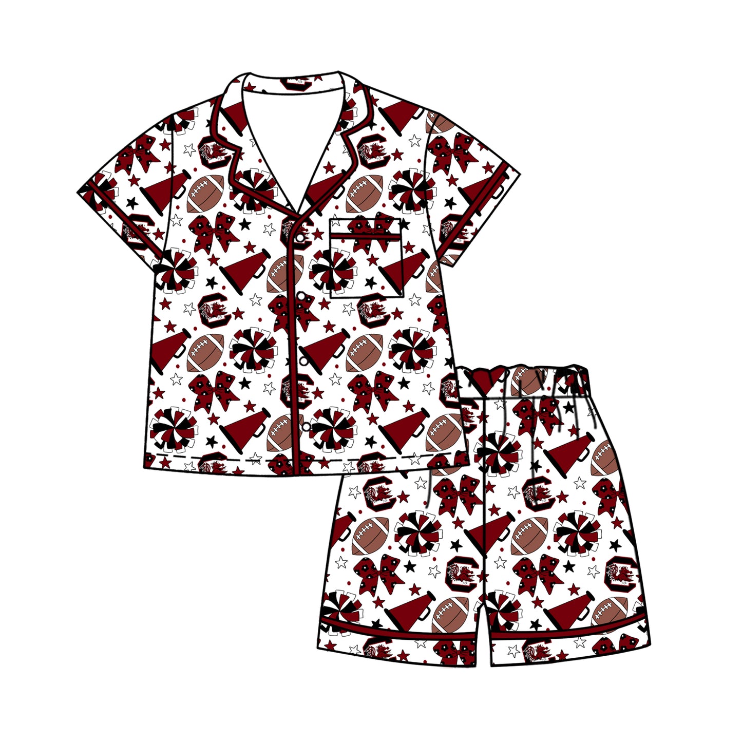 Custom moq 5 mix size milk silk summer teams Baby Girls Dark Red Stars Bows Button Pocket Top Short Pajamas Sets Cute Infant Sleepwear
