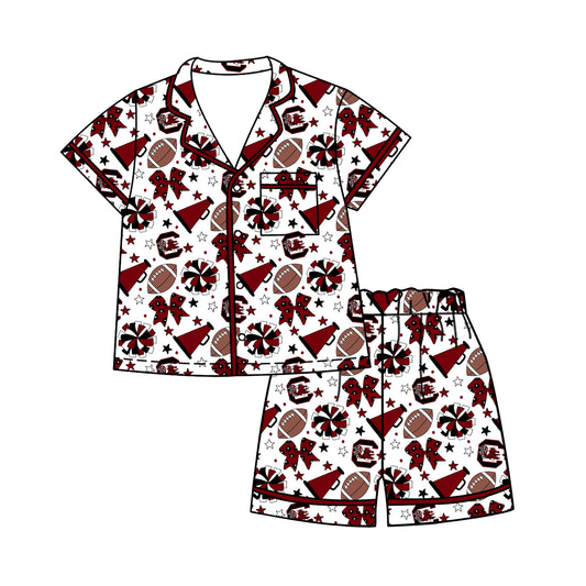 Custom moq 5 mix size milk silk summer teams Baby Girls Dark Red Stars Bows Button Pocket Top Short Pajamas Sets Cute Infant Sleepwear