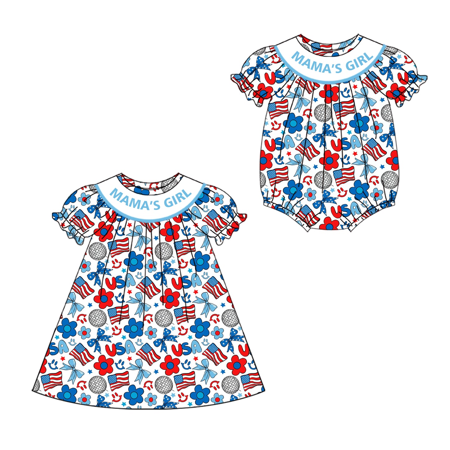 4.19 custom each style moq 5eta 4-6week Sibling Sisters MAMA GIRL USA floral baby girl short sleeve dress and rompers match family design