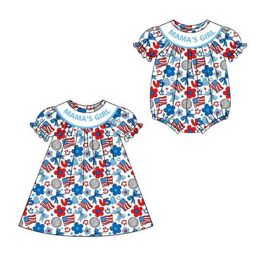 4.19 custom each style moq 5eta 4-6week Sibling Sisters MAMA GIRL USA floral baby girl short sleeve dress and rompers match family design
