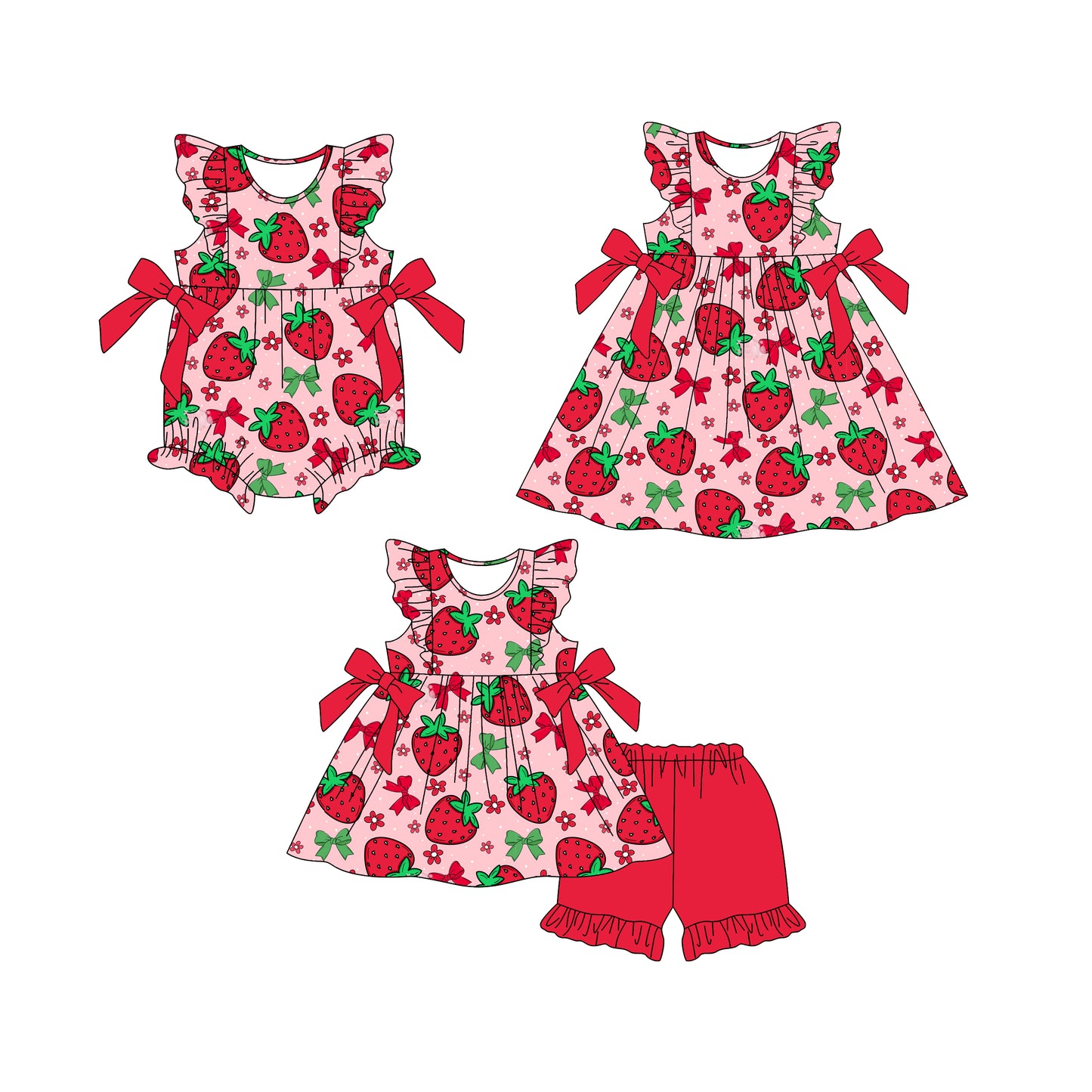 25.12.29 custom each style moq 5 eta 6-8week Sibling Sister strawberry bow baby short sleeve shorts sets and romper and dress match design