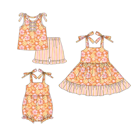 25.5.25 custom each style moq 5eta 4-6week Sibling Sisters floral orange baby girl short sleeve shorts sets and dress and rompers match family design