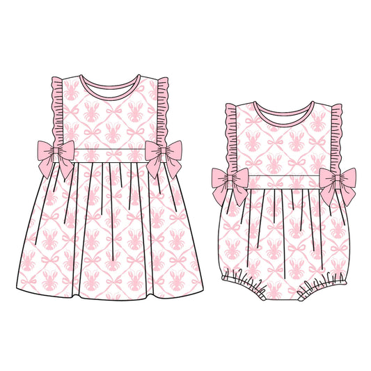 25.12.26 custom each style moq 5 eta 6-8week Sibling Sister lobster bow baby short sleeve romper and dress match design