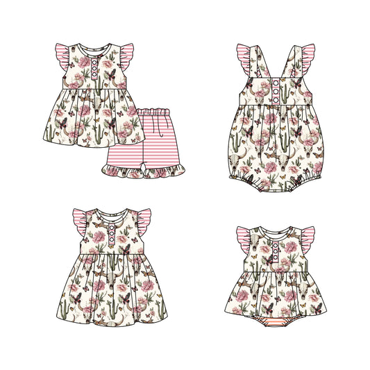 4.15 custom each style moq 5eta 4-6week Sibling Sisters cow head floral catcus baby girl short sleeve shorts sets and dress and rompers 1 and rompers 2 match family design