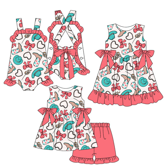 2.15 custom each style moq 5eta 4-6week Sibling Sisters boots bow baby girl short sleeve shorts sets and dress and rompers match family design