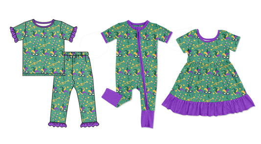 25.10.24 custom each style moq 5 eta 6-8week Sibling Sisters mardi gras baby girl short sleeve pants sets and dress and rompers match family design