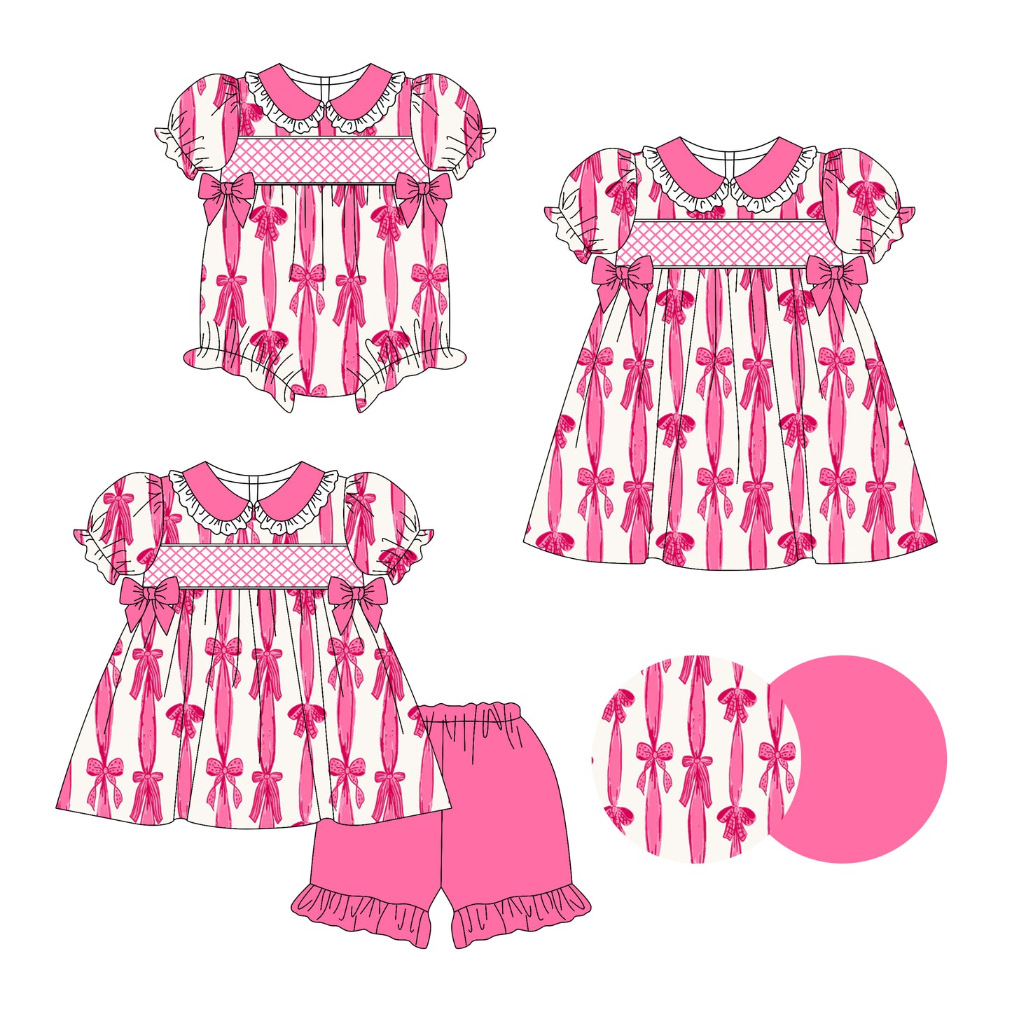 3.14 custom each style moq 5eta 4-6week Sibling Sisters bow baby girl short sleeve shorts sets and dress and rompers match family design