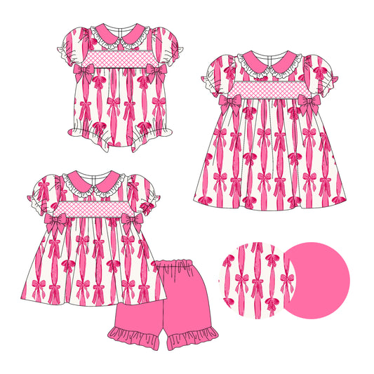 3.14 custom each style moq 5eta 4-6week Sibling Sisters bow baby girl short sleeve shorts sets and dress and rompers match family design