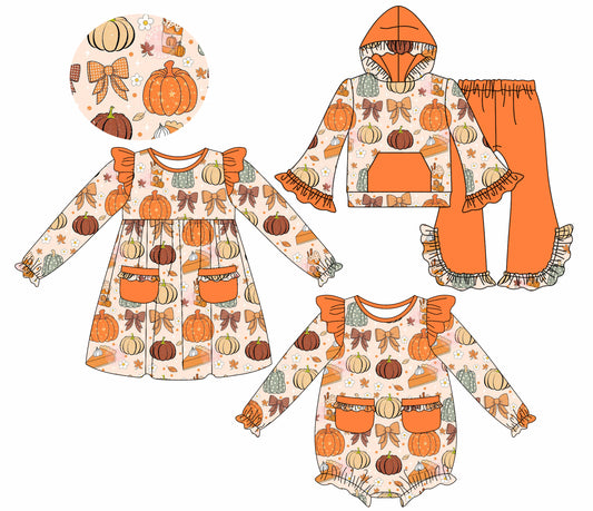 25.7.21 custom each style moq 5eta 4-6week Sibling Sisters pumpkin baby girl long sleeve pants sets and dress and rompers match family design