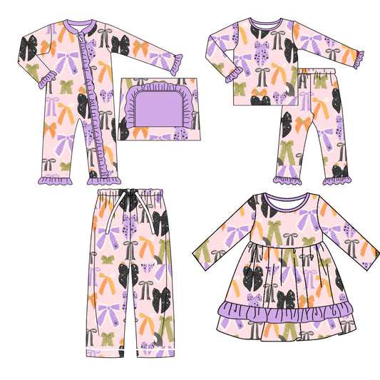 25.6.9 custom each style moq 5eta 4-6week Sibling Sisters bow purple baby girl long sleeve pants sets and romper and dress and adult pants match family design