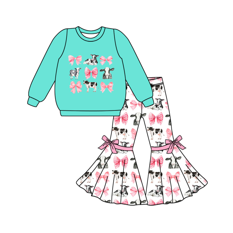 8.28 custom each style moq 5eta 4-6week Sibling Sister cow bow green and blue baby girl sets and dress and rompers match family design