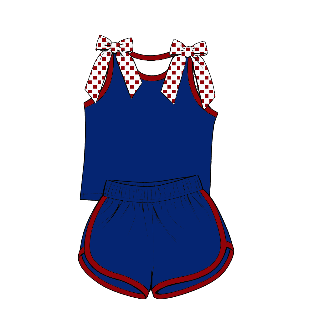 custom moq 5 mix size Baby Girls Blue Bow Sleeveless Top Shorts Summer Casual Clothes Set
