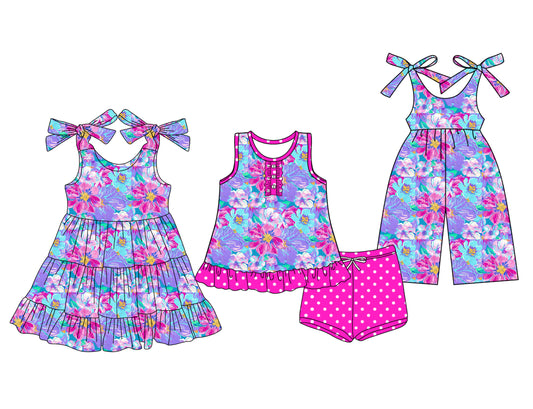3.22 custom each style moq 5eta 4-6week Sibling Sister floral baby girl short sleeve shorts sets and dresses and jumpsuit match design