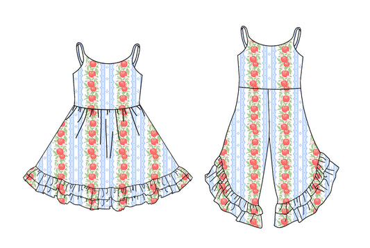 3.28 custom each style moq 5eta 4-6week Sibling Sister apple bow baby girl short sleeve dresses and jumpsuit match design