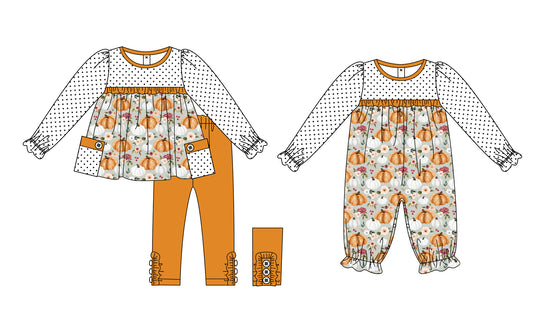 25.6.26 custom each style moq 5eta 4-6week Sibling Sisters pumpkin baby girl long sleeve pants sets and rompers match family design