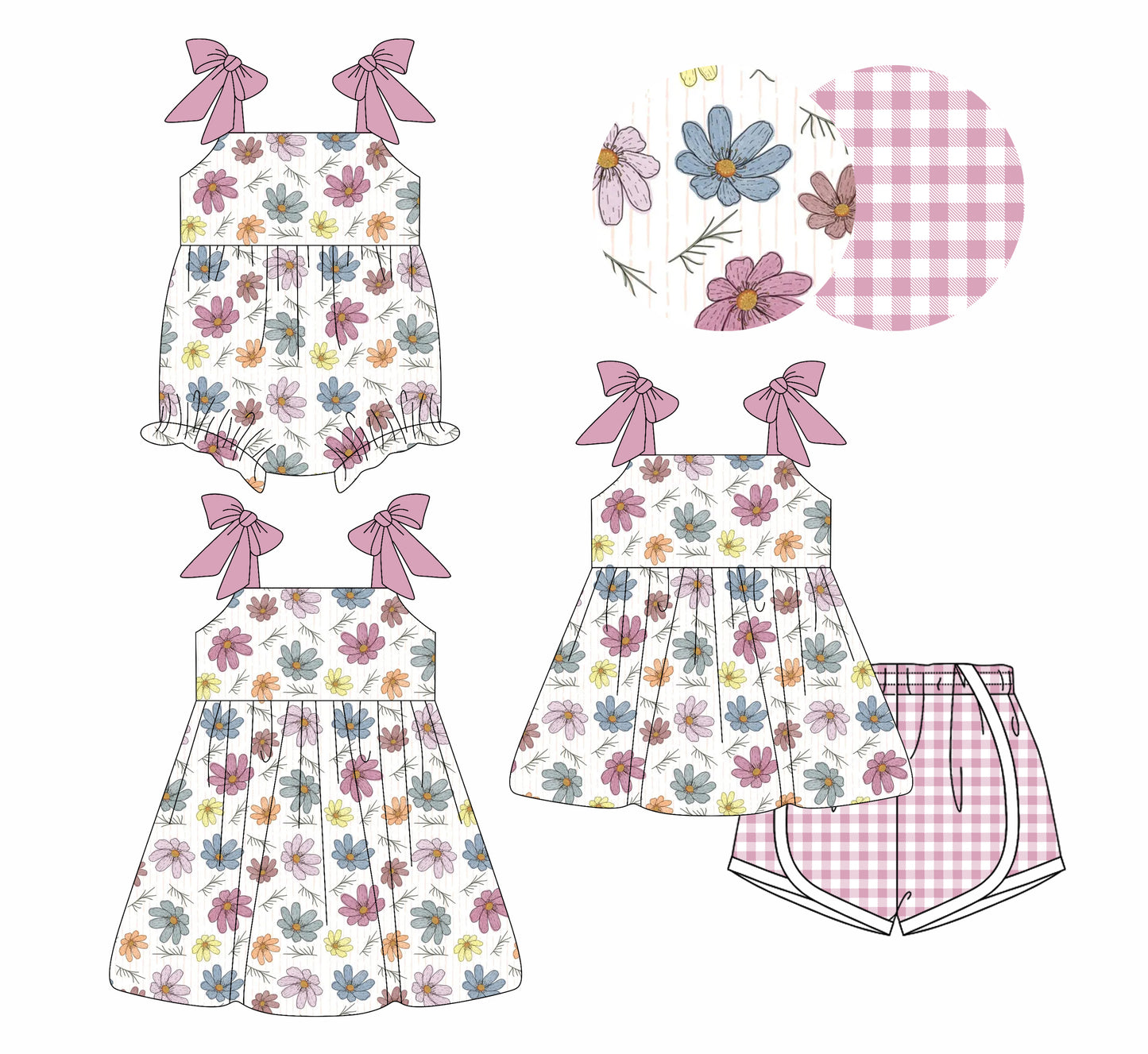 4.7 custom each style moq 5eta 4-6week Sibling Sisters floral baby girl short sleeve shorts sets and dress and rompers match family design