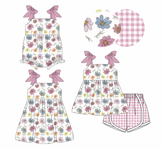 4.7 custom each style moq 5eta 4-6week Sibling Sisters floral baby girl short sleeve shorts sets and dress and rompers match family design