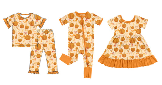 25.5.12 custom each style moq 5eta 4-6week Sibling Sisters pumpkin bow cake baby girl short sleeve pants sets and dress and rompers match family design