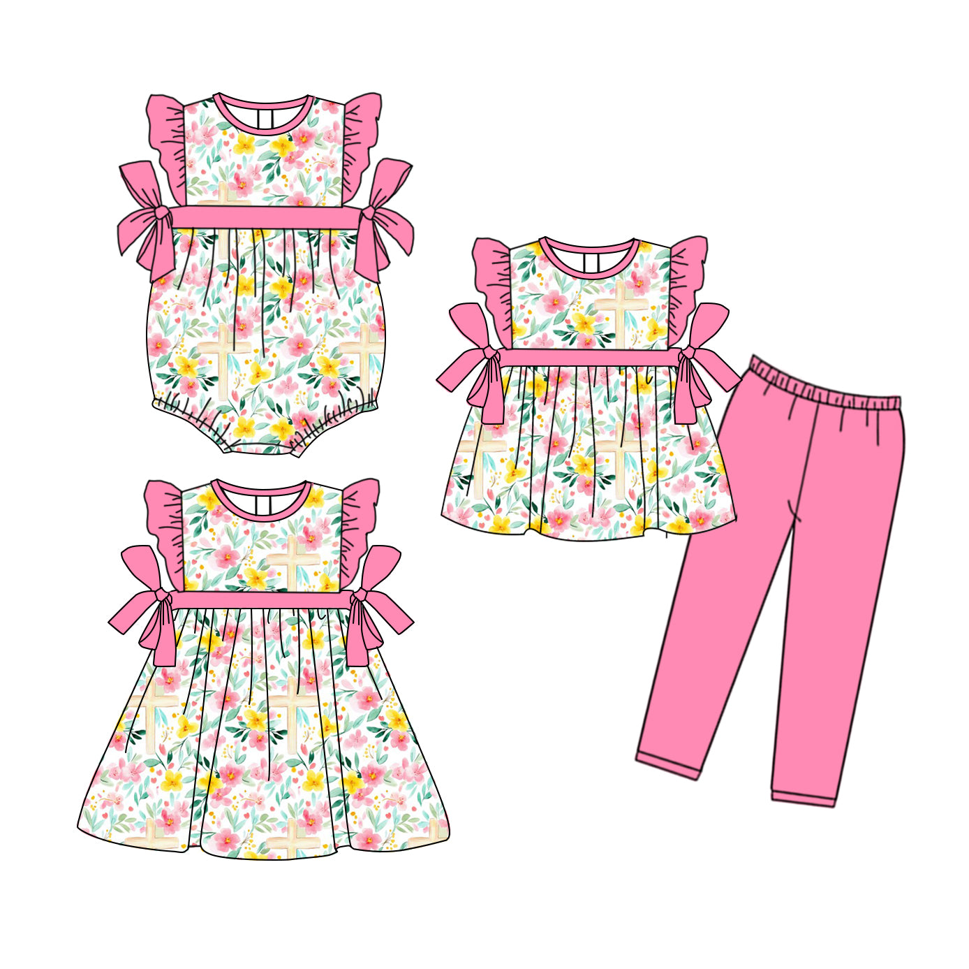 25.9.25 custom each style moq 8 eta 6-8week Sibling Sisters easter floral baby girl short sleeve pants sets and dress and rompers match family design