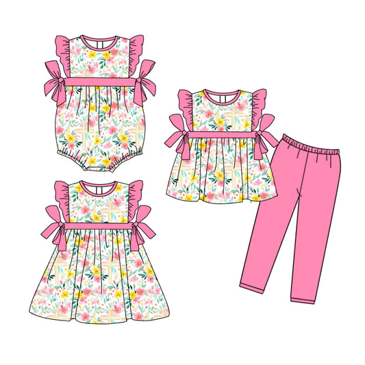 25.9.25 custom each style moq 8 eta 6-8week Sibling Sisters easter floral baby girl short sleeve pants sets and dress and rompers match family design