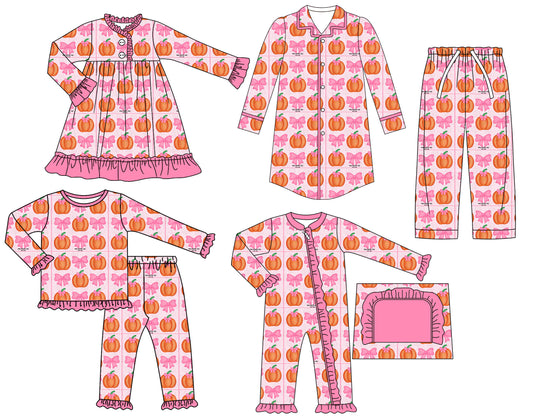 25.6.27 custom each style moq 5eta 4-6week Sibling Sisters pumpkin bow baby girl long sleeve pants sets and adult top and adult pants and romper and dress match family design