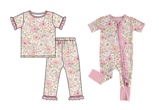 25.9.13 custom each style moq 5eta 6-8week Sibling Sisters floral pink baby girl clothes short sleeve pants sets and romper match family design