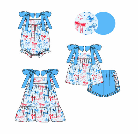 3.25 custom each style moq 5eta 4-6week Sibling Sisters bow baby girl short sleeve shorts sets and dress and rompers match family design