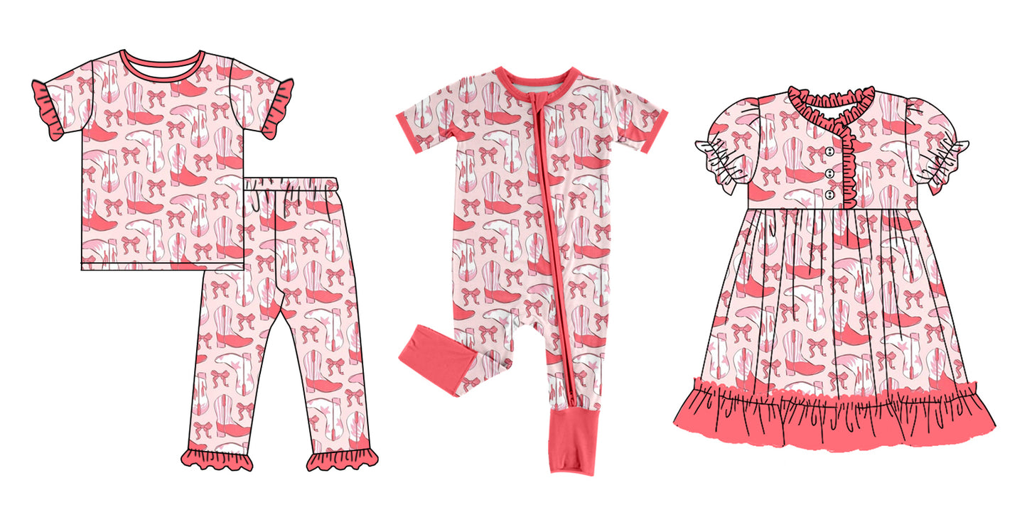12.20 custom each style moq 5eta 4-6week Sibling Sister boots bow baby girl sets and dress and rompers match family design