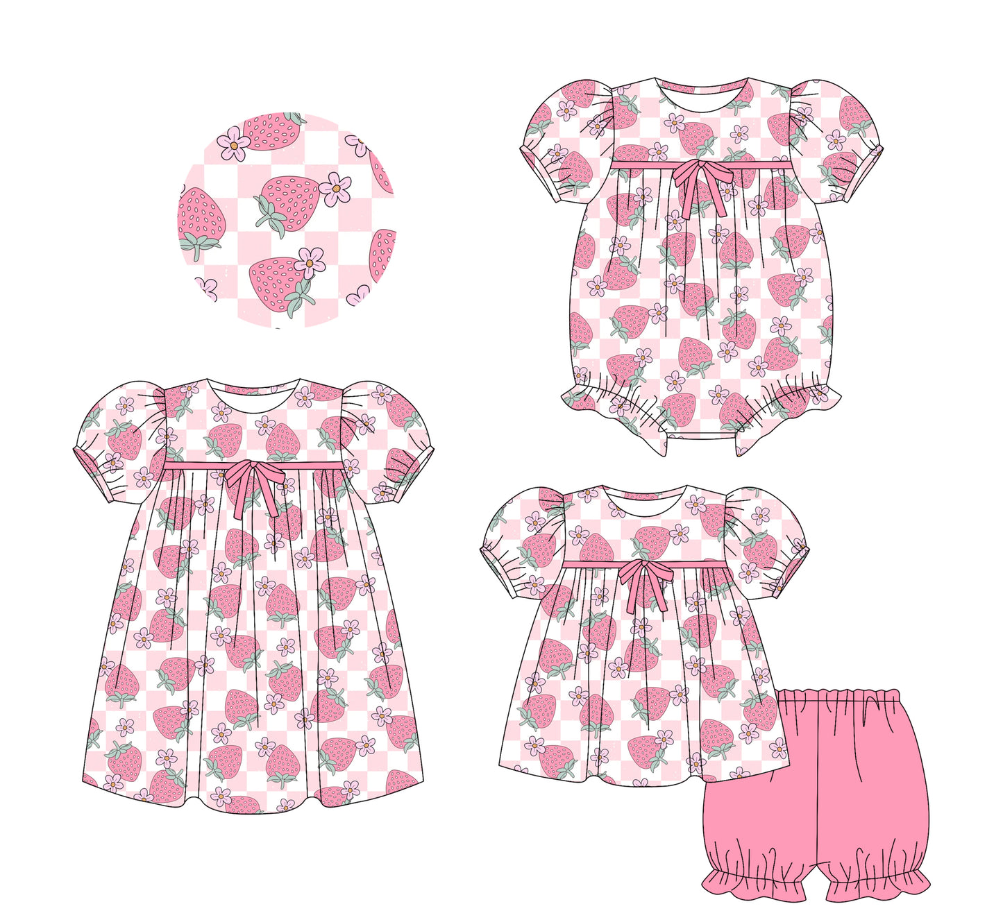 25.5.25 custom each style moq 5eta 4-6week Sibling Sisters strawberry floral baby girl short sleeve shorts sets and dress and rompers match family design