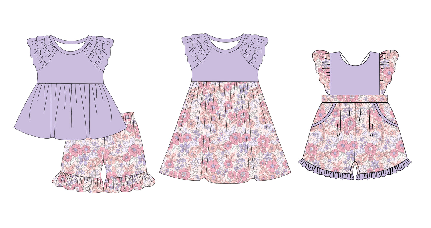 12.10 custom each style moq 5eta 4-6week Sibling Sister floral baby girl short sleeve shorts sets and dress and jumpsuits match family design