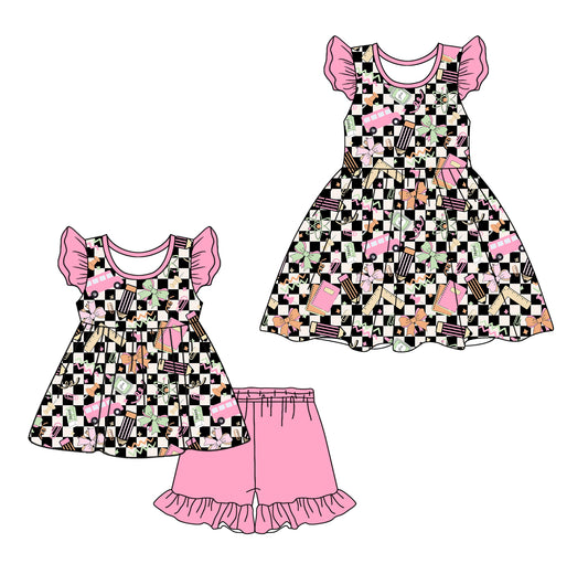 5.6 custom each style moq 5eta 4-6week Sibling Sister bus baby girl short sleeve shorts sets and dresses match design