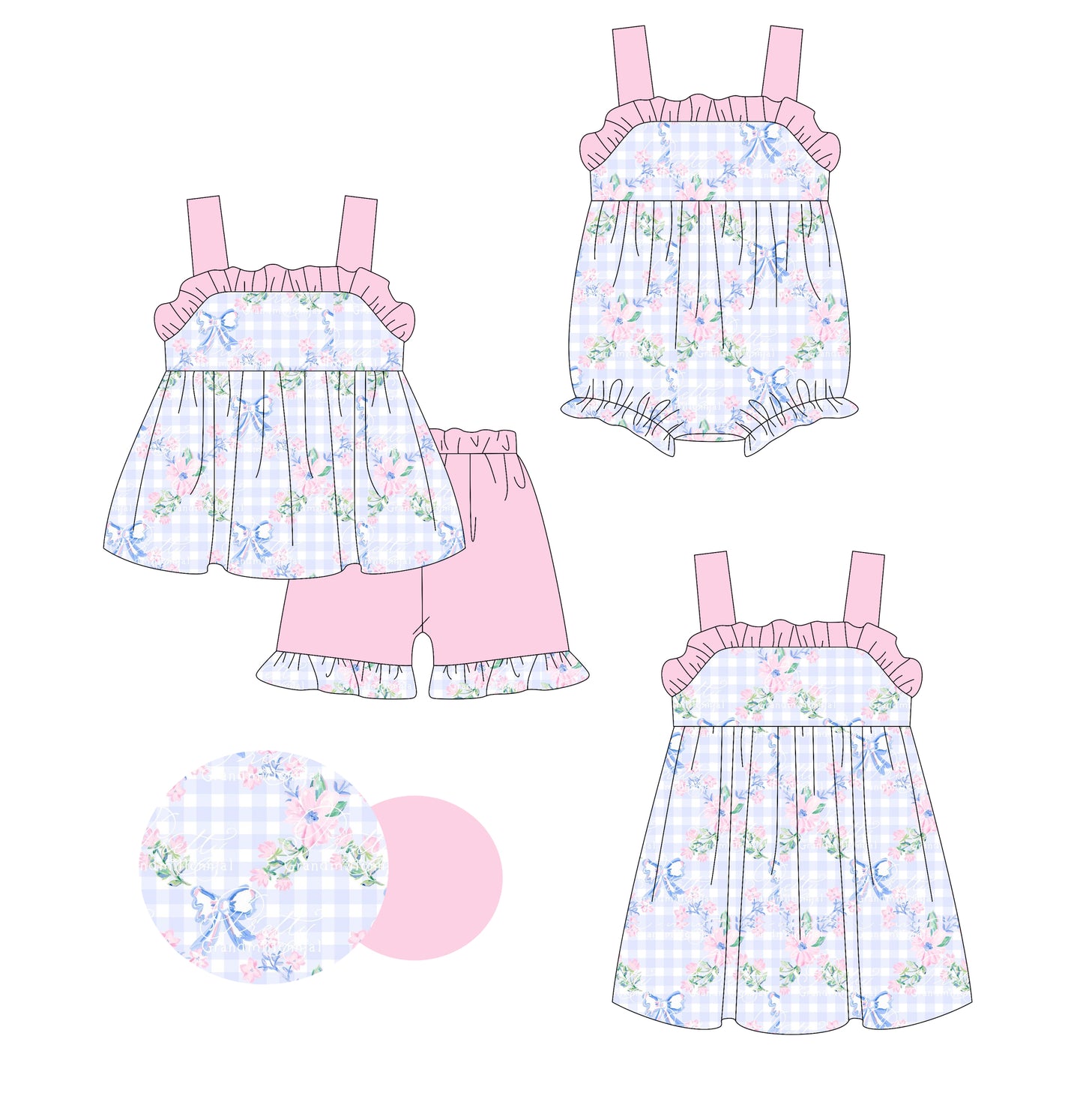 2.28 custom each style moq 5eta 4-6week Sibling Sister bow floral baby girl short sleeve shorts sets and dress and rompers match family design