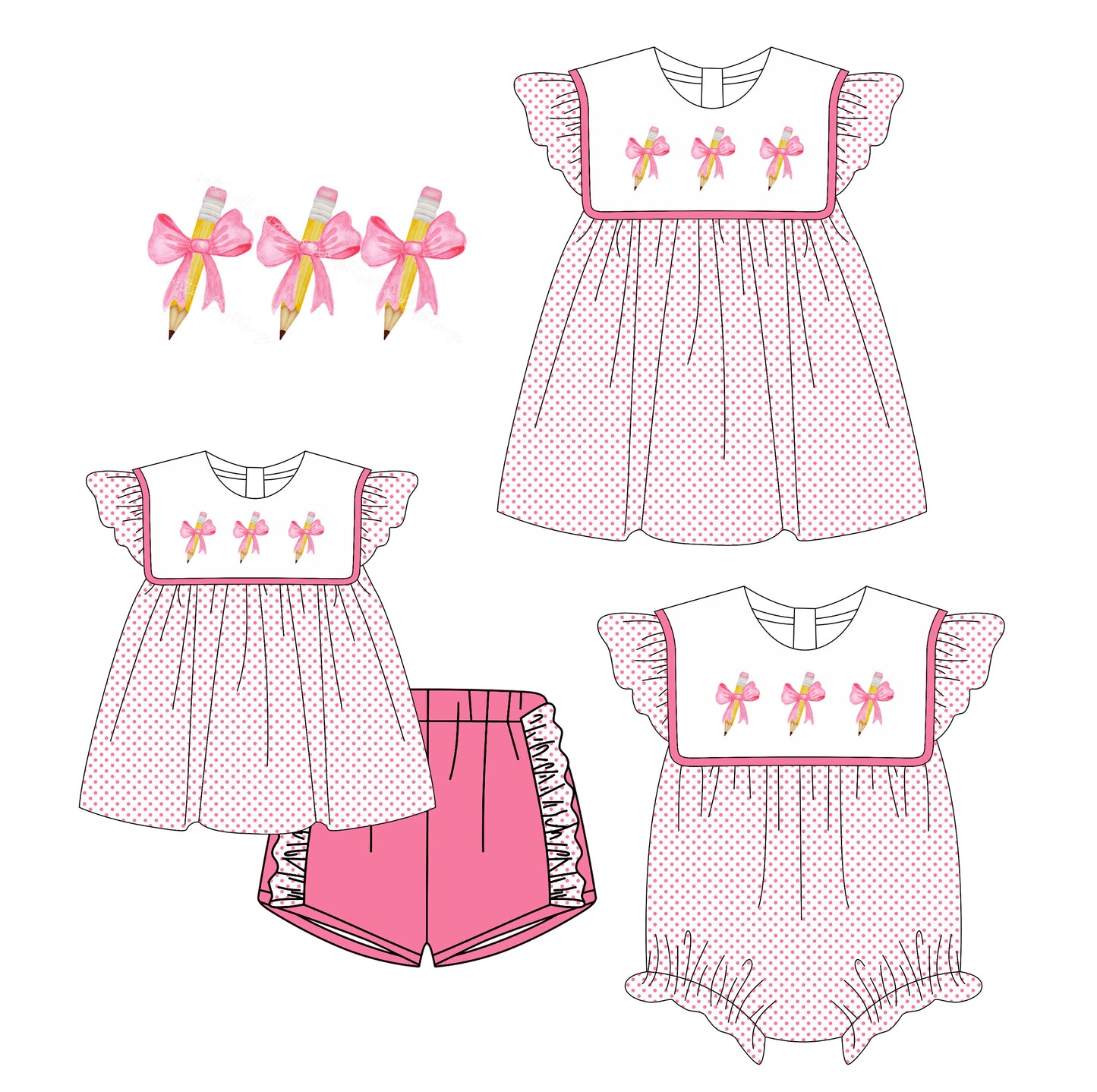 3.6 custom each style moq 5eta 4-6week Sibling Sisters bow pencil baby girl short sleeve shorts sets and dress and rompers match family design