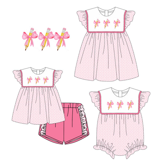 3.6 custom each style moq 5eta 4-6week Sibling Sisters bow pencil baby girl short sleeve shorts sets and dress and rompers match family design