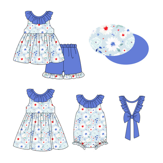 2.20 custom each style moq 5eta 4-6week Sibling Sisters baby girl short sleeve shorts sets and dress and rompers match family design