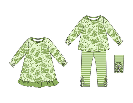 25.9.6 custom each style moq 5eta 4-6week Sibling Sisters Lucky green baby girl long sleeve pants sets and dress match family design