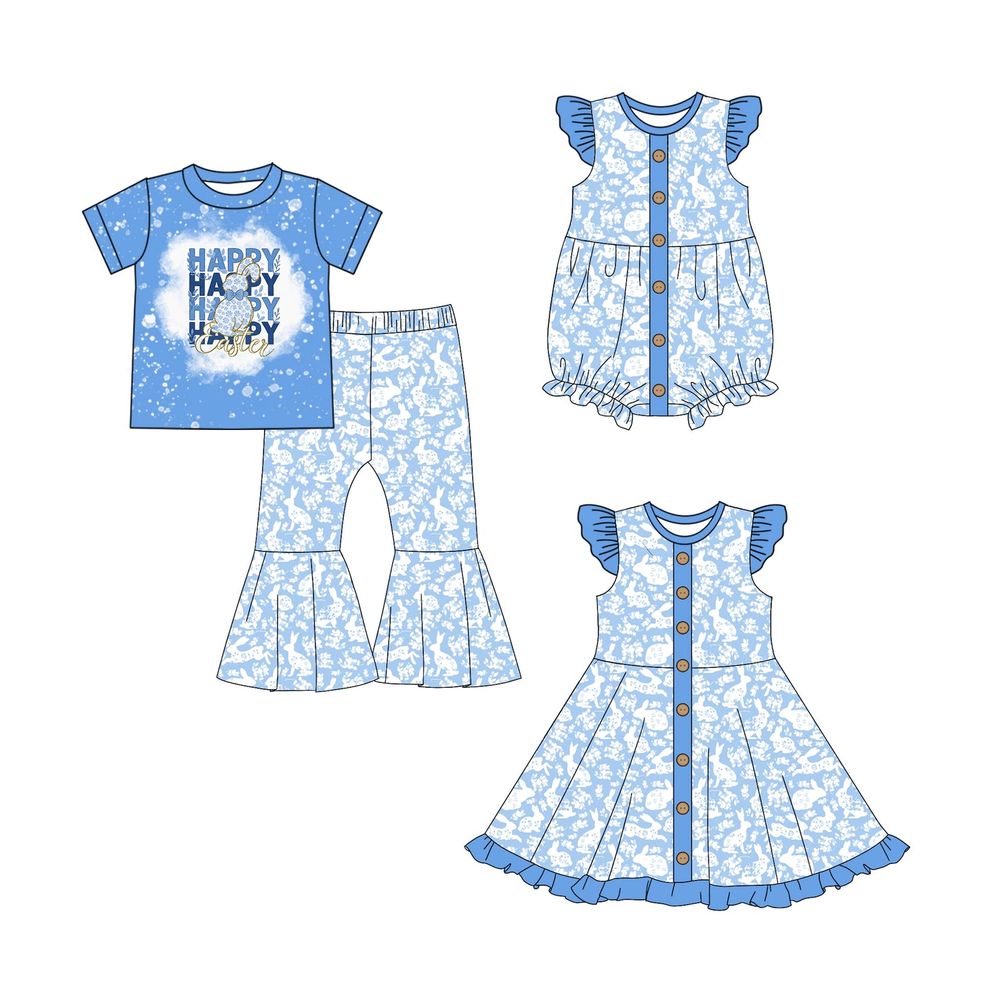 25.10.1 custom each style moq 8 eta 6-8week Sibling Sisters easter bunny baby girl short sleeve pants sets and dress and rompers match family design