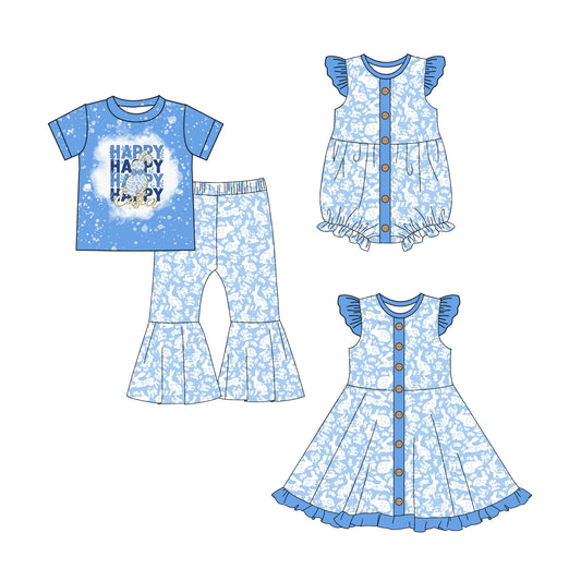 25.10.1 custom each style moq 8 eta 6-8week Sibling Sisters easter bunny baby girl short sleeve pants sets and dress and rompers match family design
