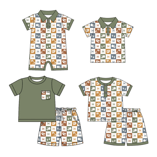 4.25 custom each style moq 5eta 4-6week Sibling Sister dinosaur baby boy sets 1 and sets 2 and boy rompers and top match family design