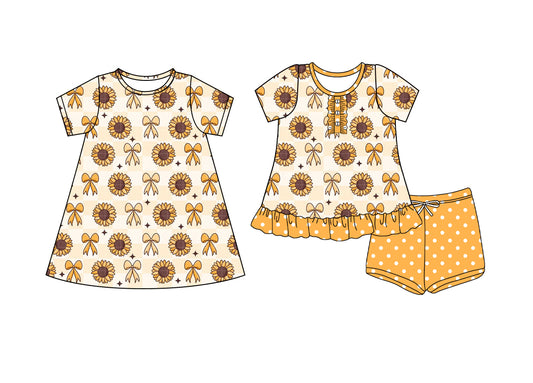 4.10 custom each style moq 5eta 4-6week Sibling Sister floral bow baby girl short sleeve shorts sets and dresses match design