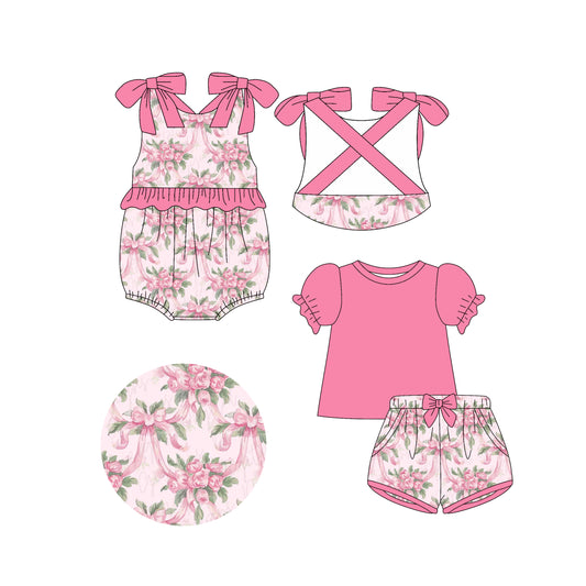 4.14 custom each style moq 5eta 4-6week Sibling Sisters floral bow pink baby girl short sleeve shorts sets and rompers match family design